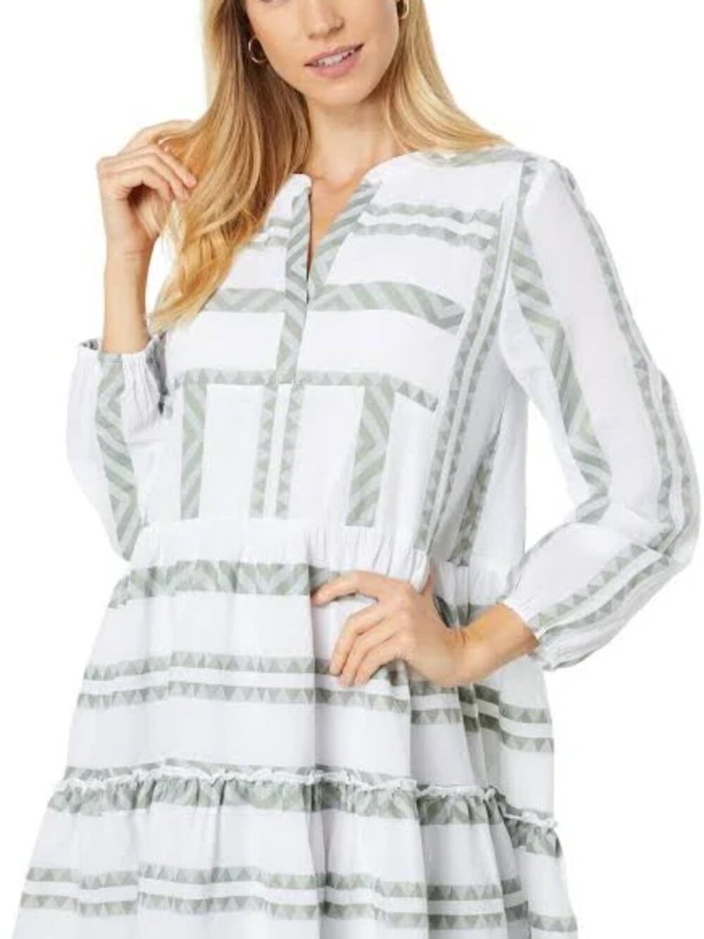 Vineyard Vines White and Sage Striped Tiered Midi Dress